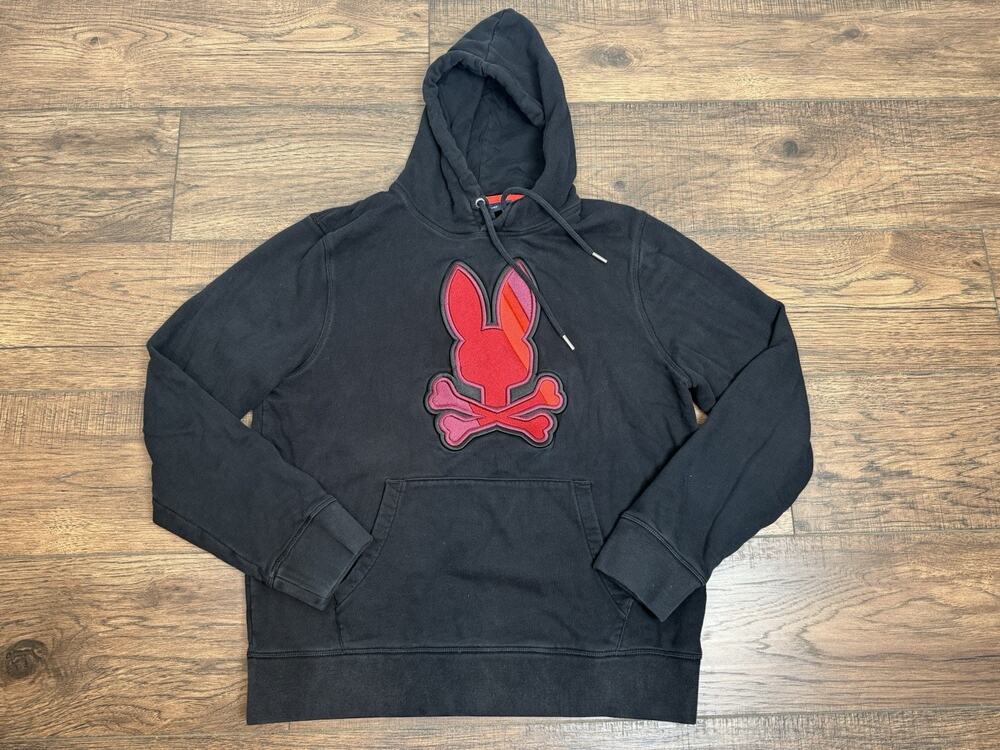 Psycho Bunny Mens Black Red Graphic Logo Pullover Hoodie Sweatshirt Sz M Cotton